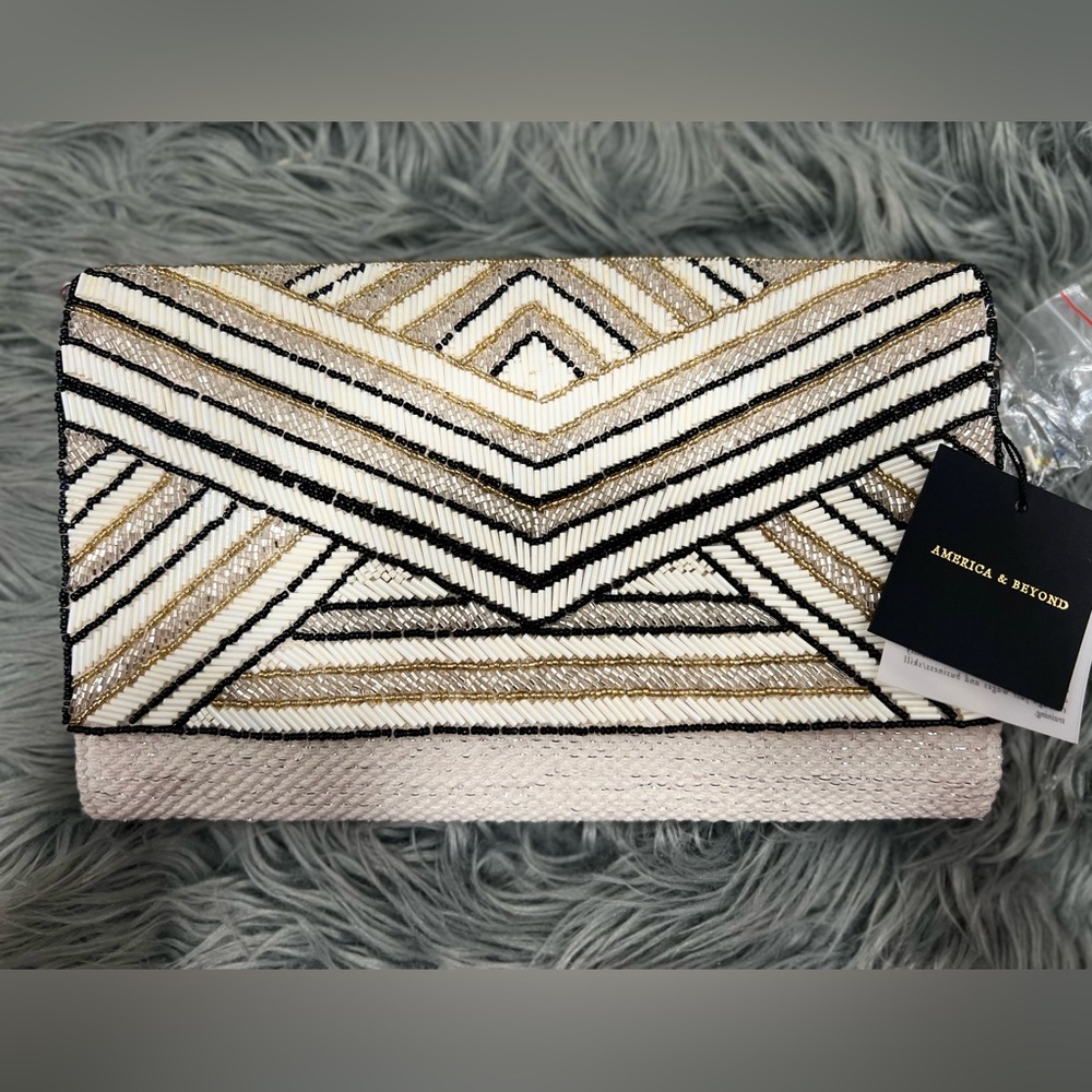 America & Beyond Embellished/Beaded Convertible Clutch w/ strap w/ extra beads